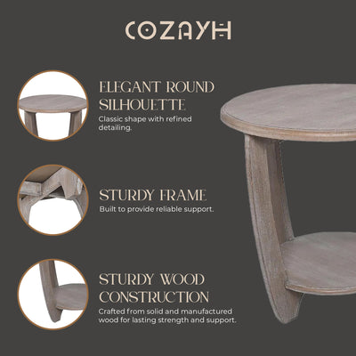 COZAYH Rustic Farmhouse Wooden End Table with Storage Shelf, Vintage Grey Finish