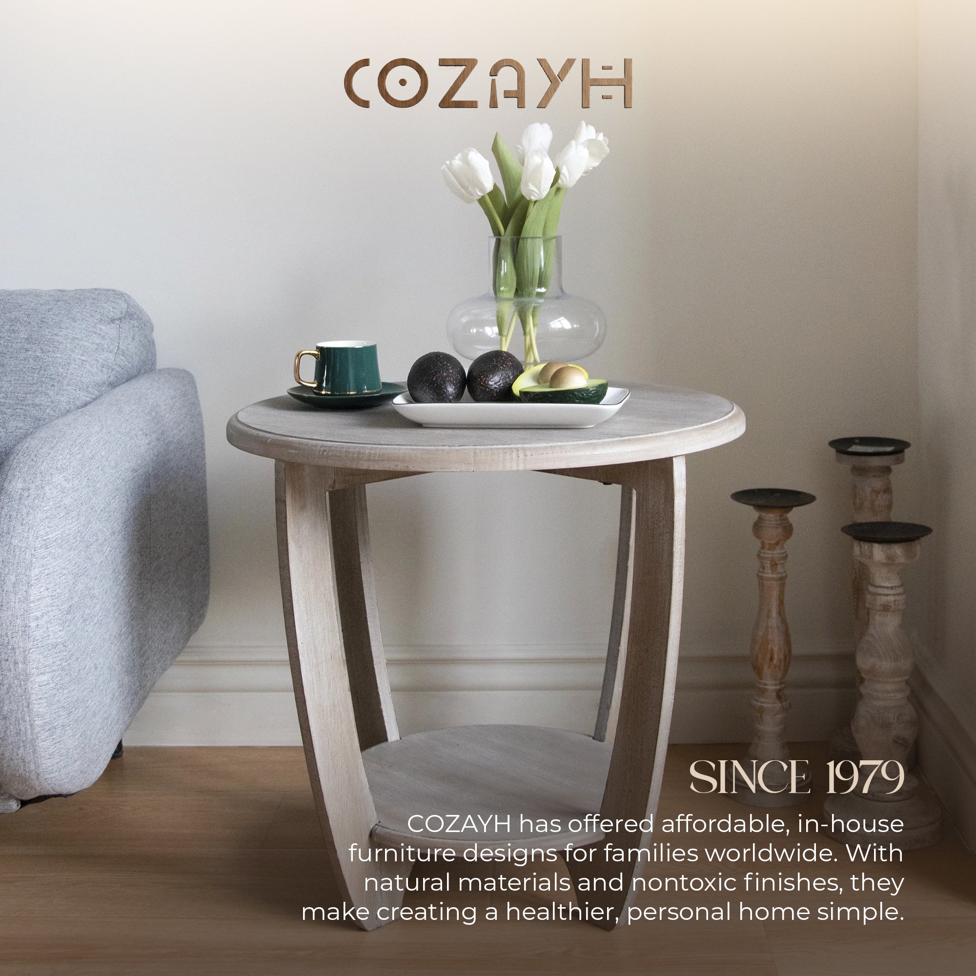 COZAYH Rustic Farmhouse Wooden End Table with Storage Shelf, Vintage Grey Finish