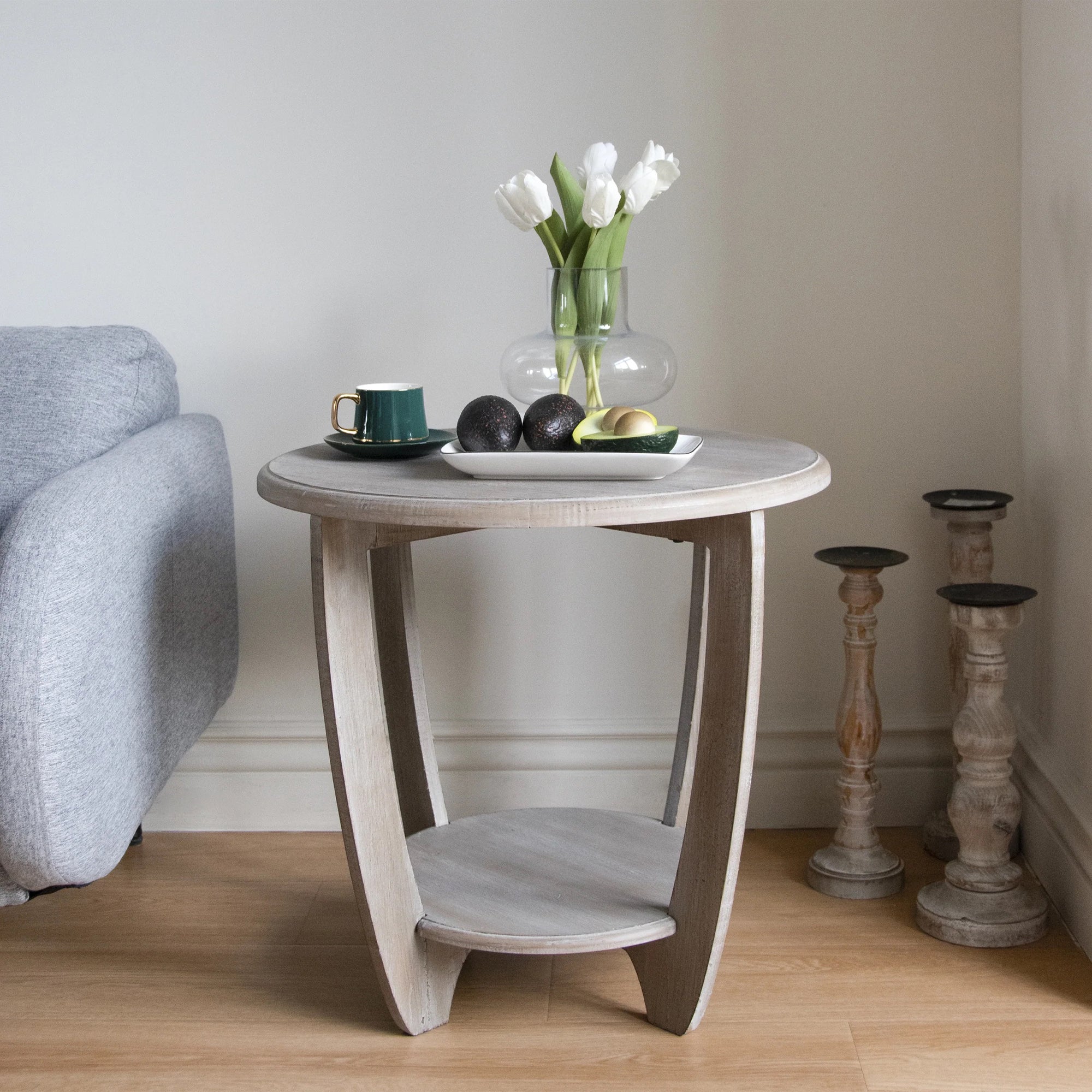 COZAYH Rustic Farmhouse Wooden End Table with Storage Shelf, Vintage Grey Finish