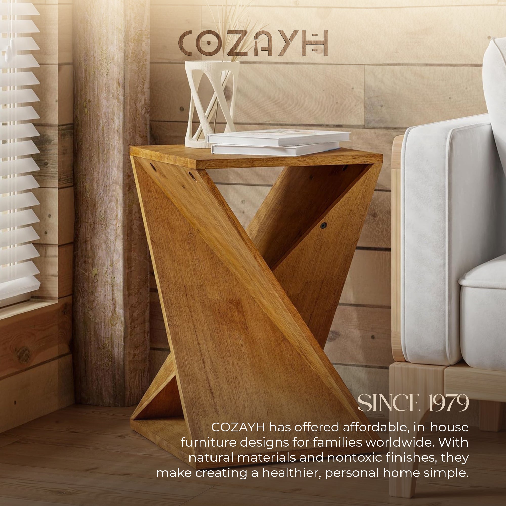 COZAYH Farmhouse Living Room End Table, Square Solid Pedestal Design (Open Box)