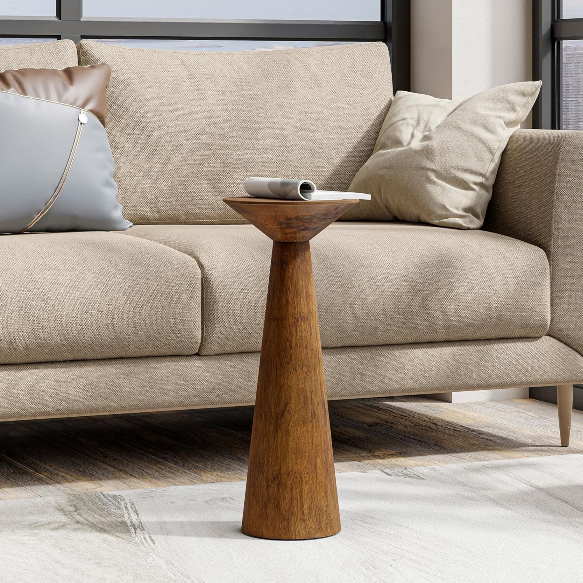 COZAYH Pedestal Tall Round Table for Living Rooms or Bedrooms, Walnut, Set of 2