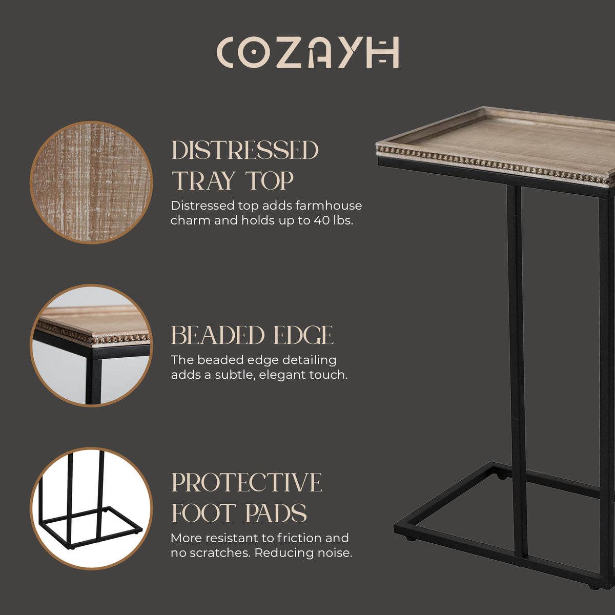COZAYH Farmhouse C End Table, Accent Furniture with Beaded Edge Tray Top, Black
