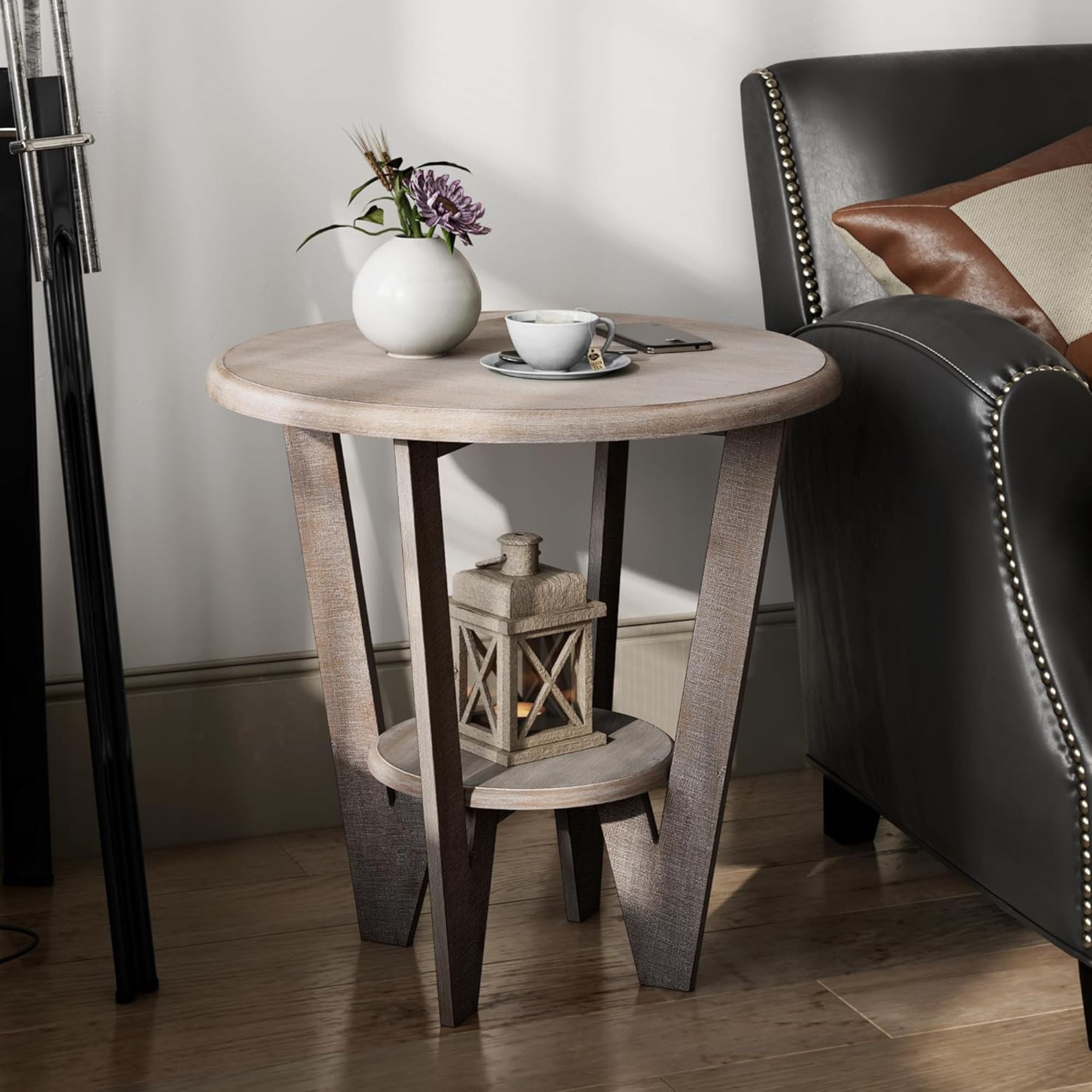 COZAYH Rustic Farmhouse Wooden End Table & Storage Shelf, Vintage Grey, Set of 2