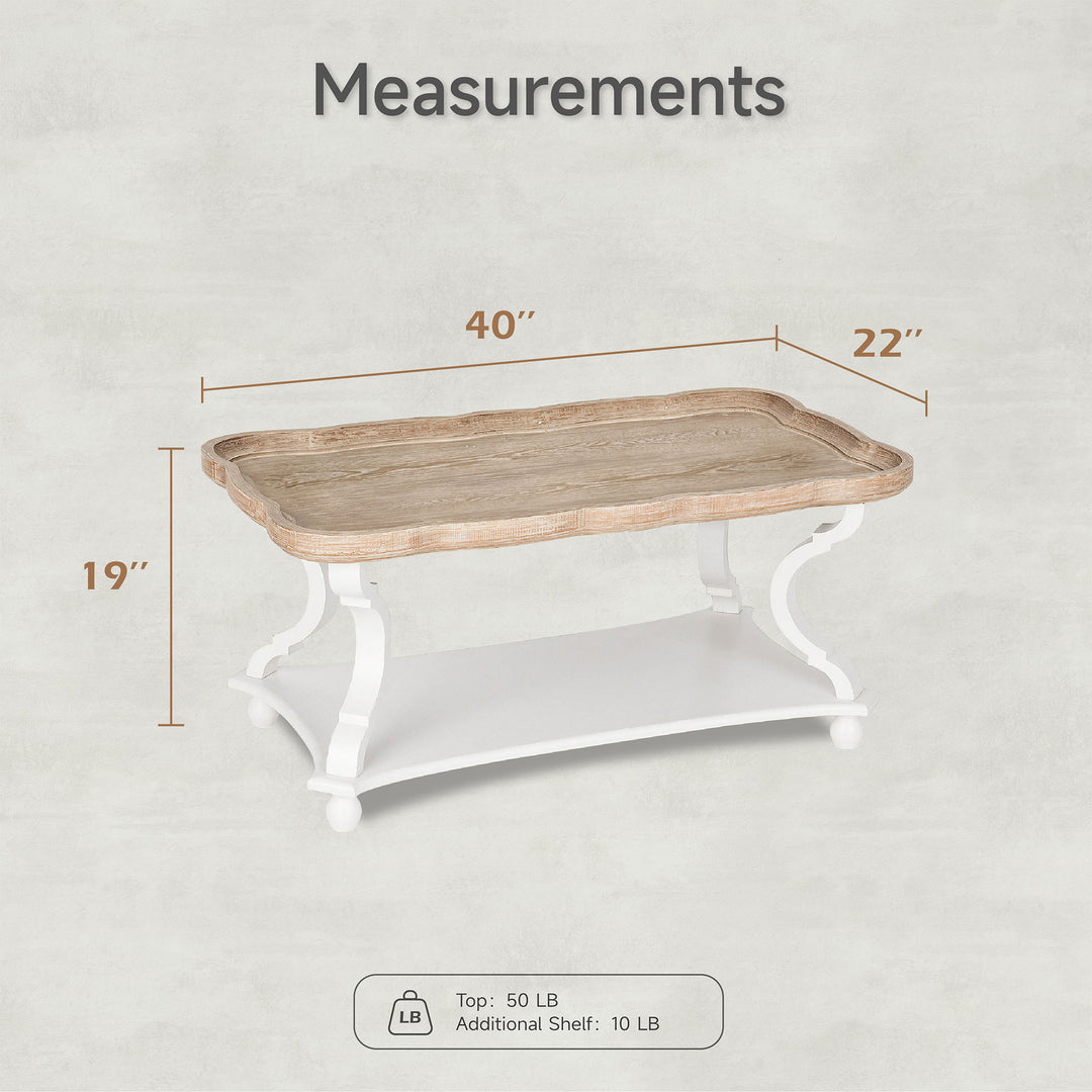 COZAYH Rustic Farmhouse Coffee Table w/ Tray Top & Storage Shelf, Natural/White