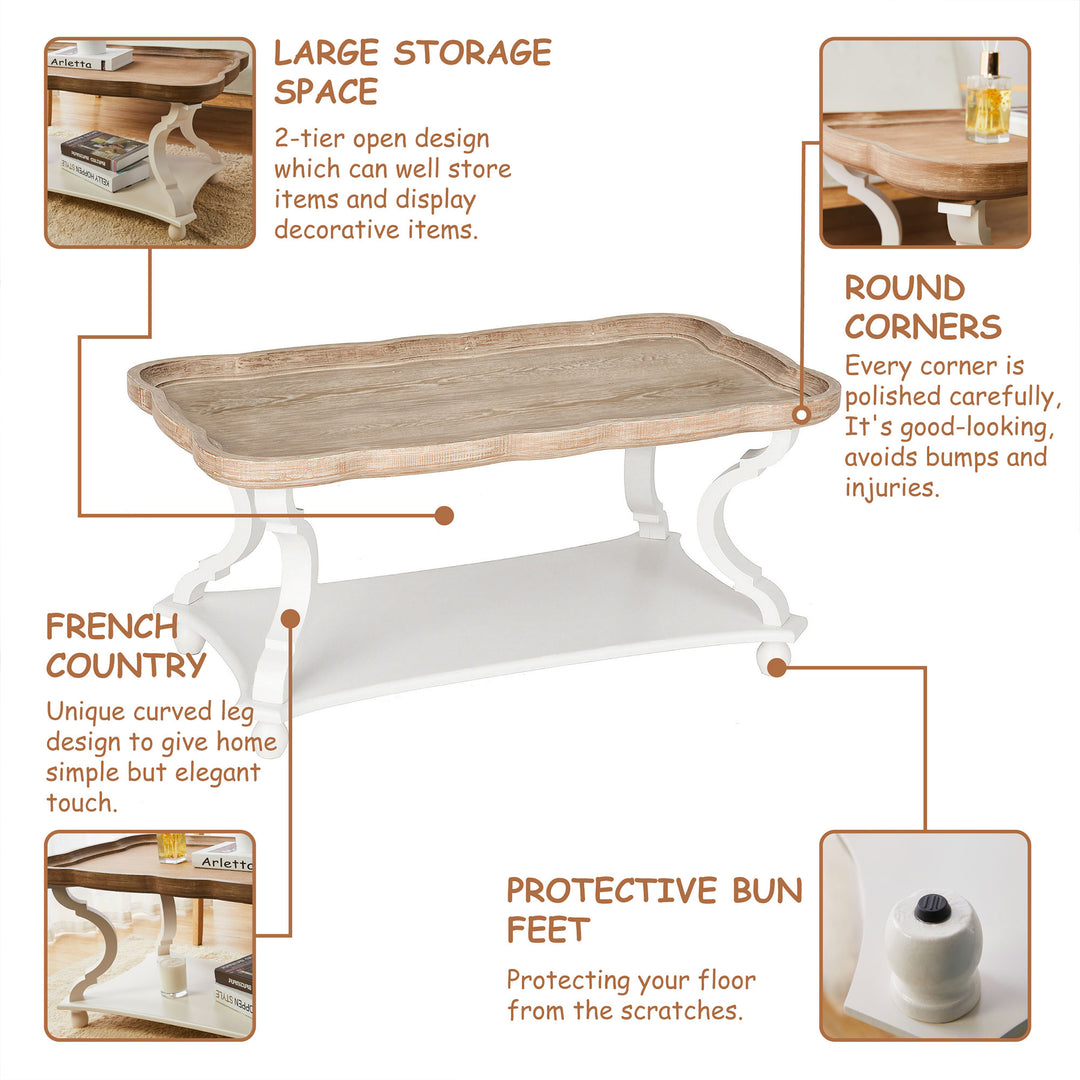 COZAYH Rustic Farmhouse Coffee Table w/ Tray Top & Storage Shelf, Natural/White