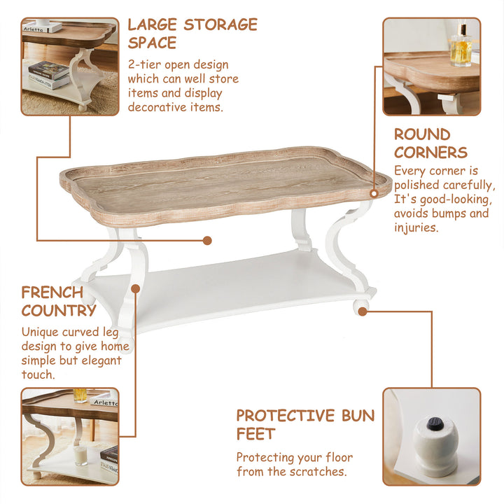 COZAYH Rustic Farmhouse Coffee Table w/ Tray Top & Storage Shelf, Natural/White