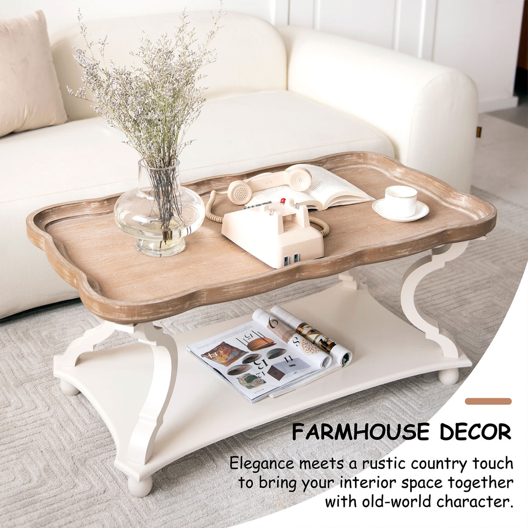 COZAYH Rustic Farmhouse Coffee Table w/ Tray Top & Storage Shelf, Natural/White