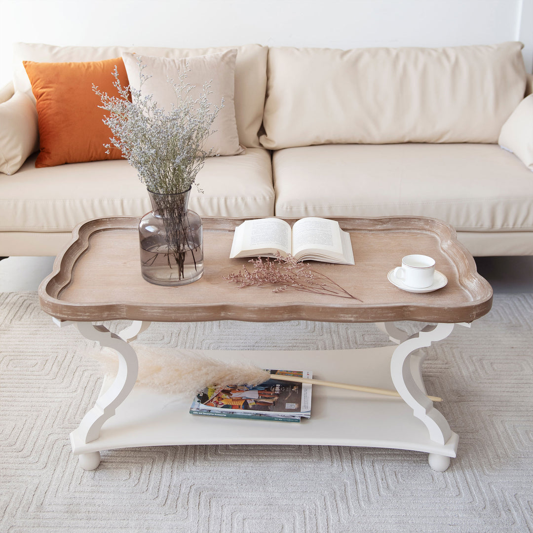 COZAYH Rustic Farmhouse Coffee Table w/ Tray Top & Storage Shelf, Natural/White