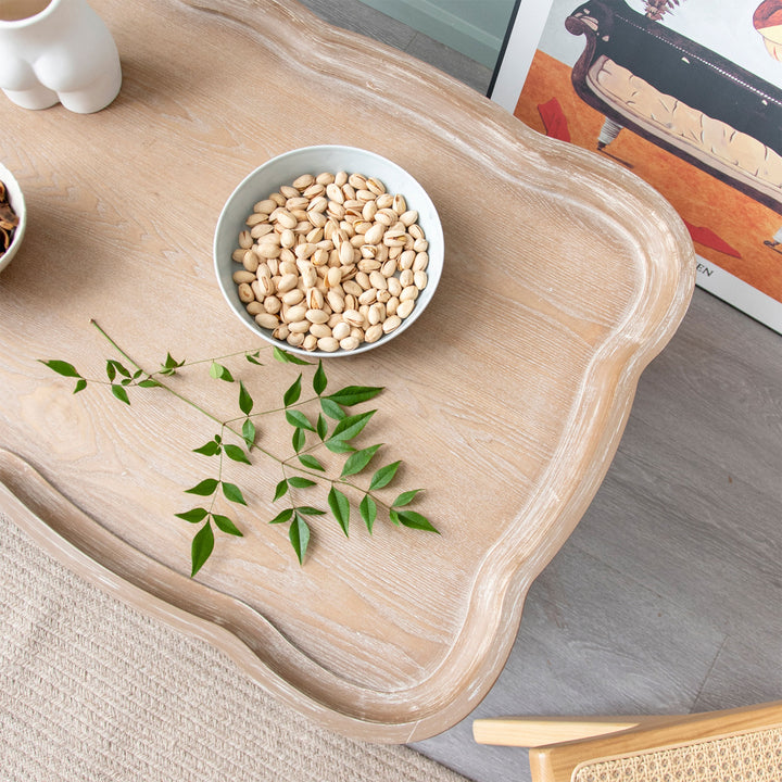 COZAYH Rustic Farmhouse Coffee Table w/ Tray Top & Storage Shelf, Natural/White