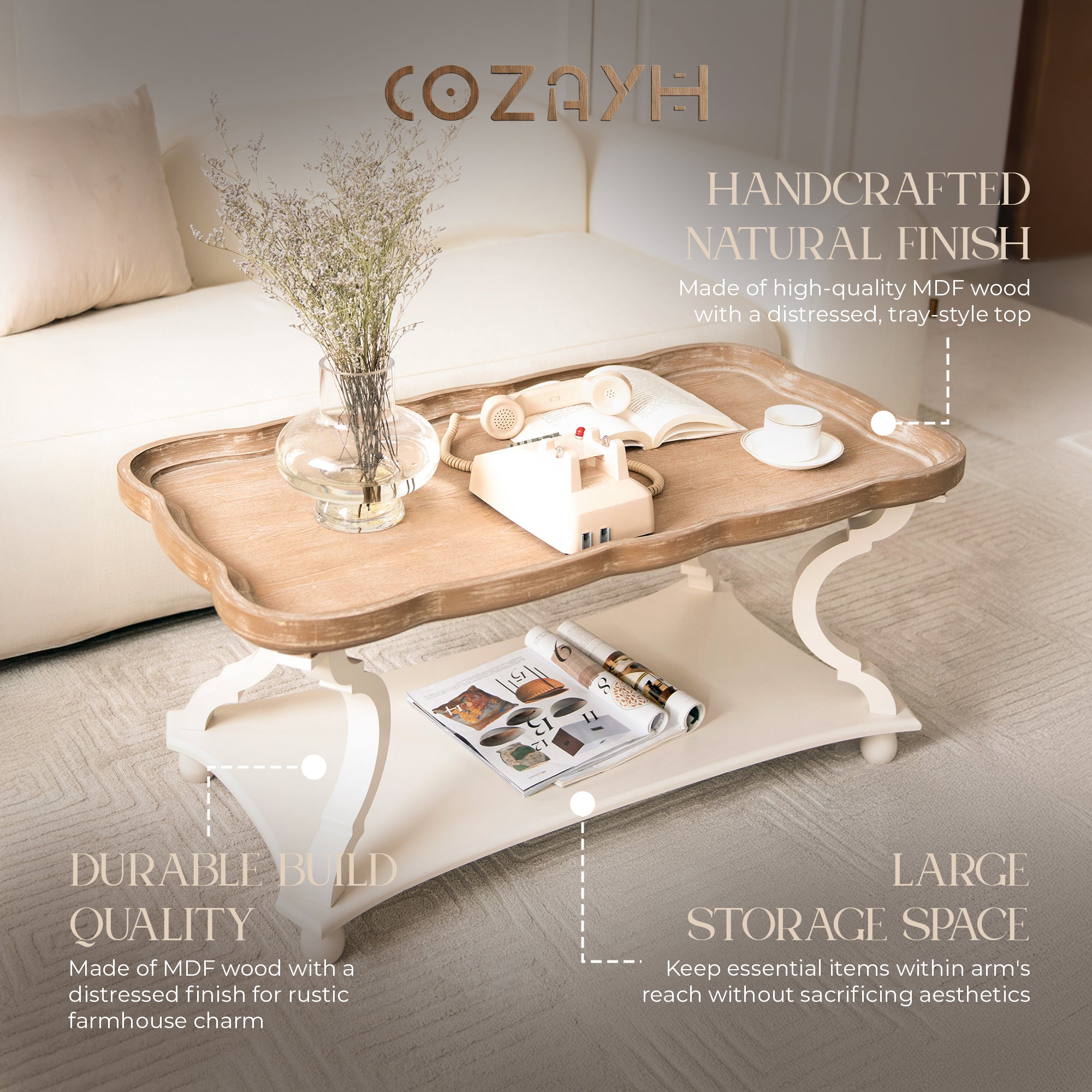 COZAYH Rustic Farmhouse Coffee Table w/ Tray Top & Storage Shelf, Natural/White - VMInnovations