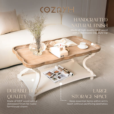 COZAYH Rustic Farmhouse Coffee Table w/ Tray Top & Storage Shelf, Natural/White - VMInnovations