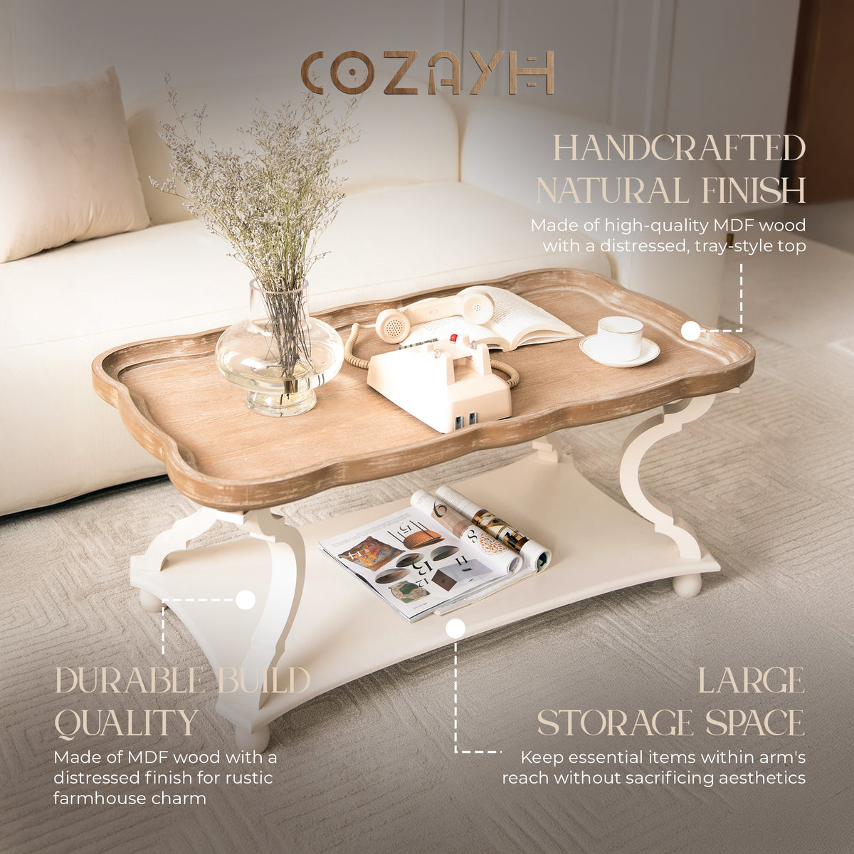 COZAYH Round Rustic Accent Table Wood Nightstand End Table, White (Open Box)