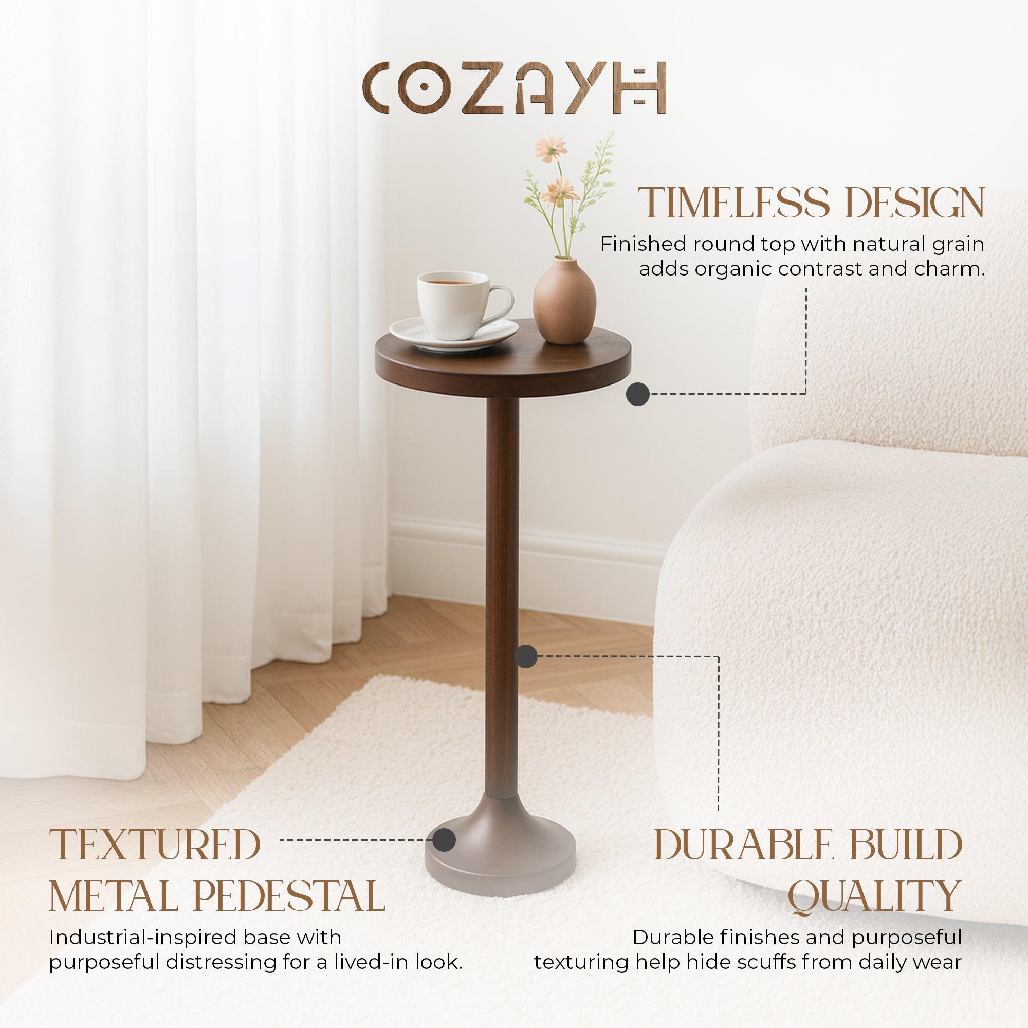 COZAYH Small Pedestal End Table, Living Room Furniture, Light Espresso, Set of 2