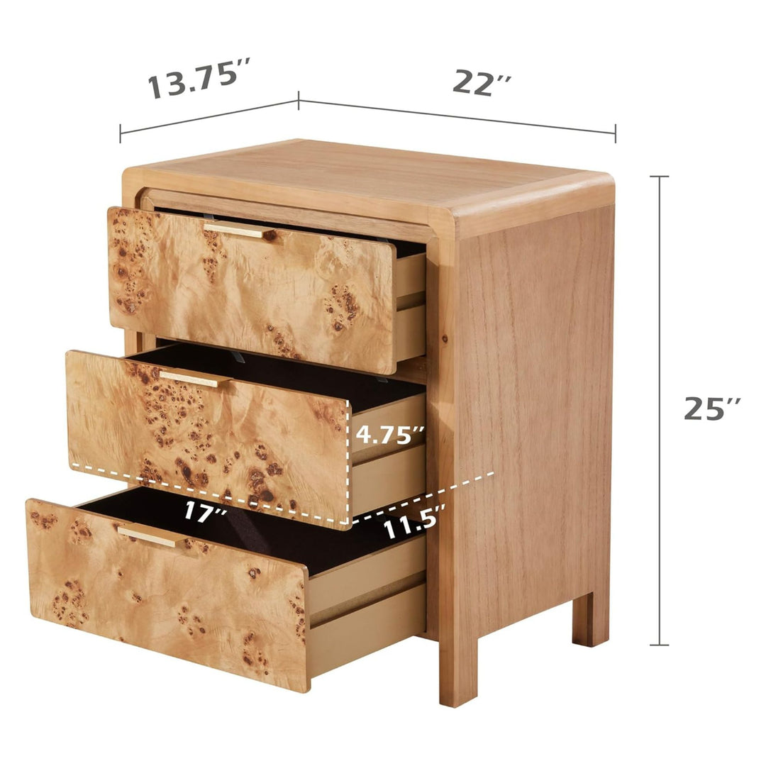 COZAYH Farmhouse Burl Wood Finish 3 Drawer Bedroom Nightstand, Natural(Open Box)