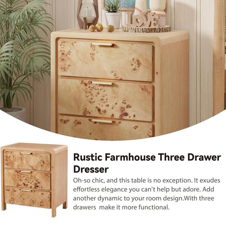 COZAYH Farmhouse 3 Drawer Home Bedroom Nightstand with Burl Wood Finish, Natural