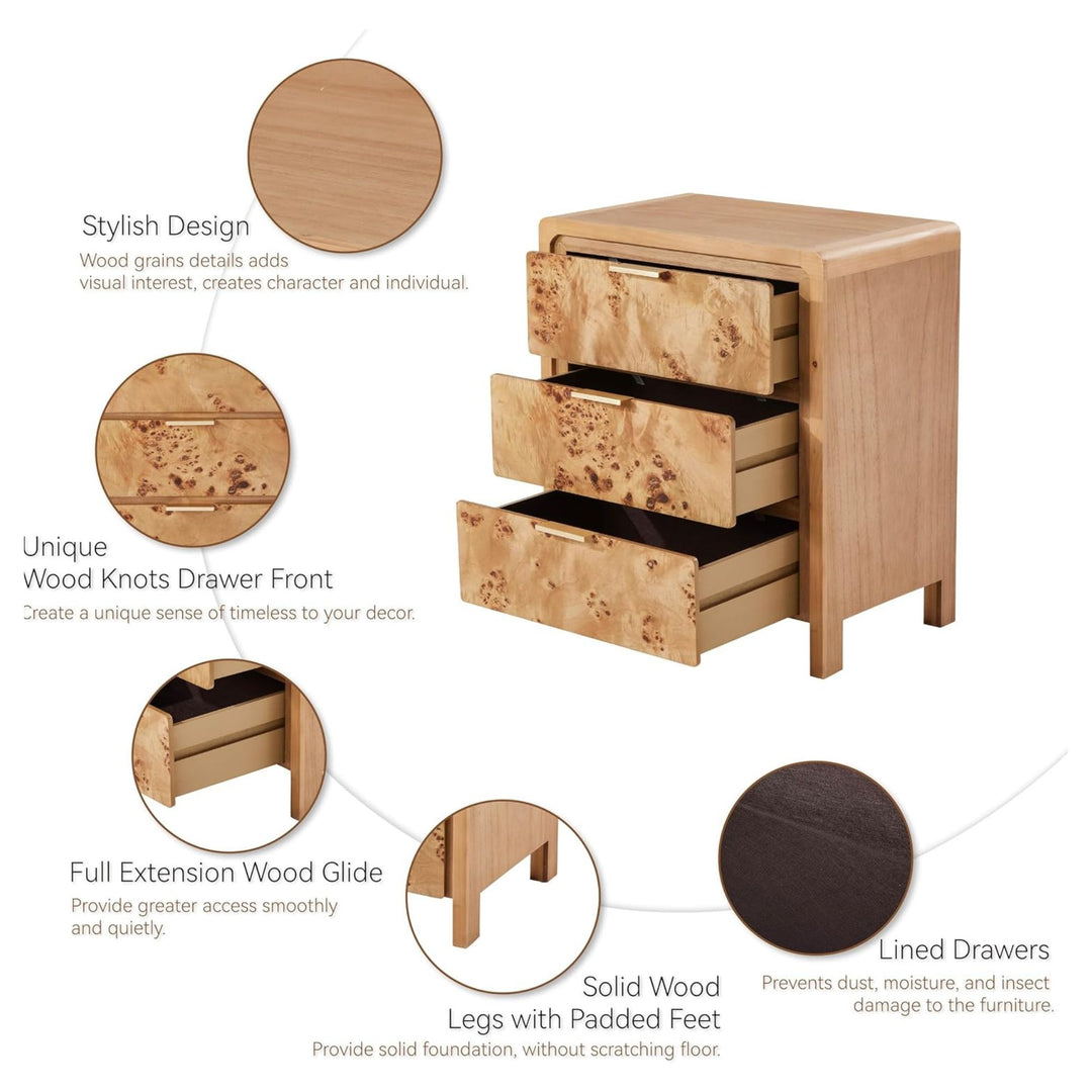COZAYH Farmhouse Burl Wood Finish 3 Drawer Bedroom Nightstand, Natural(Open Box)