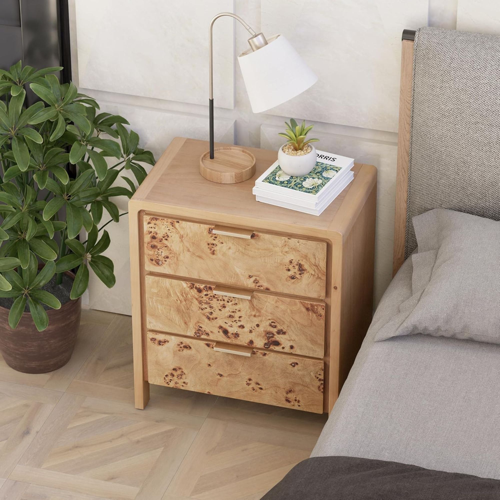 COZAYH Farmhouse 3 Drawer Home Bedroom Nightstand w/ Burl Wood Finish, Set of 2