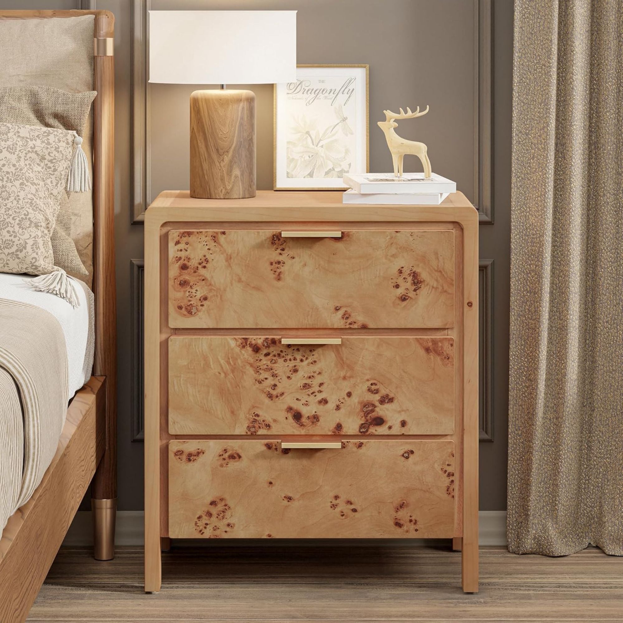 COZAYH Farmhouse 3 Drawer Home Bedroom Nightstand w/ Burl Wood Finish, Set of 2
