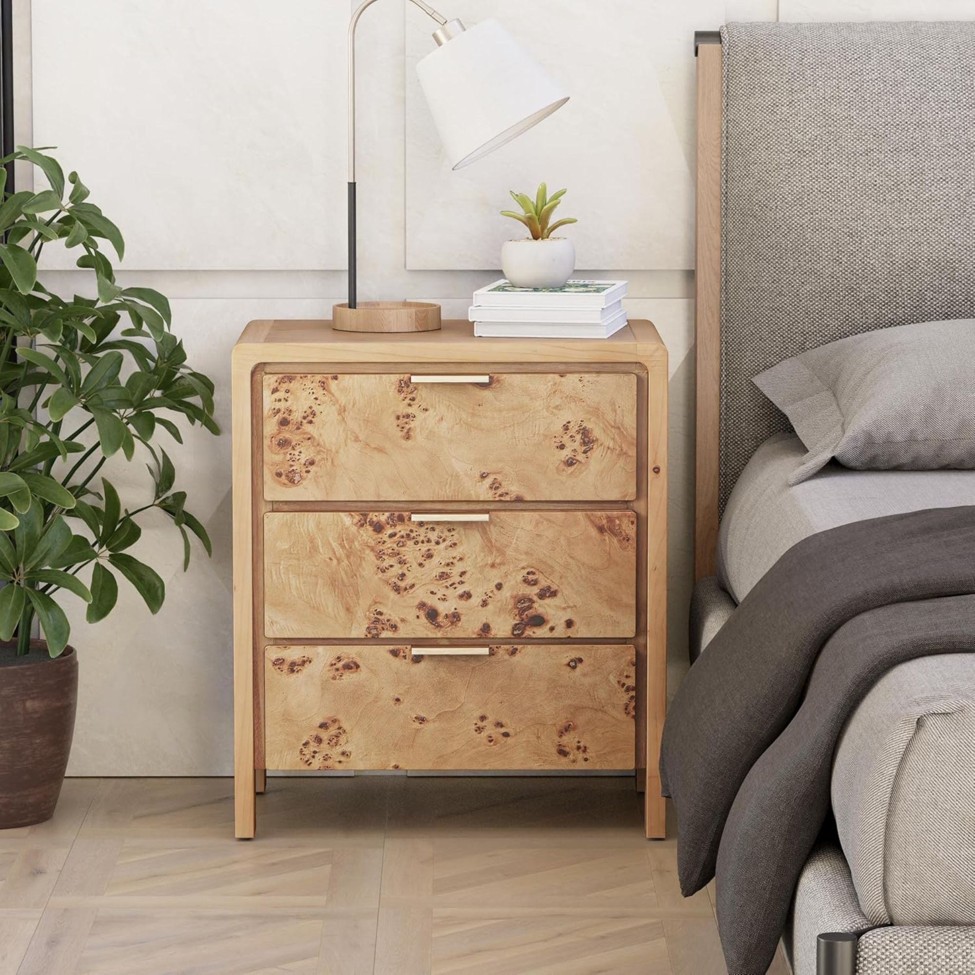 COZAYH Farmhouse 3 Drawer Home Bedroom Nightstand w/ Burl Wood Finish, Set of 2