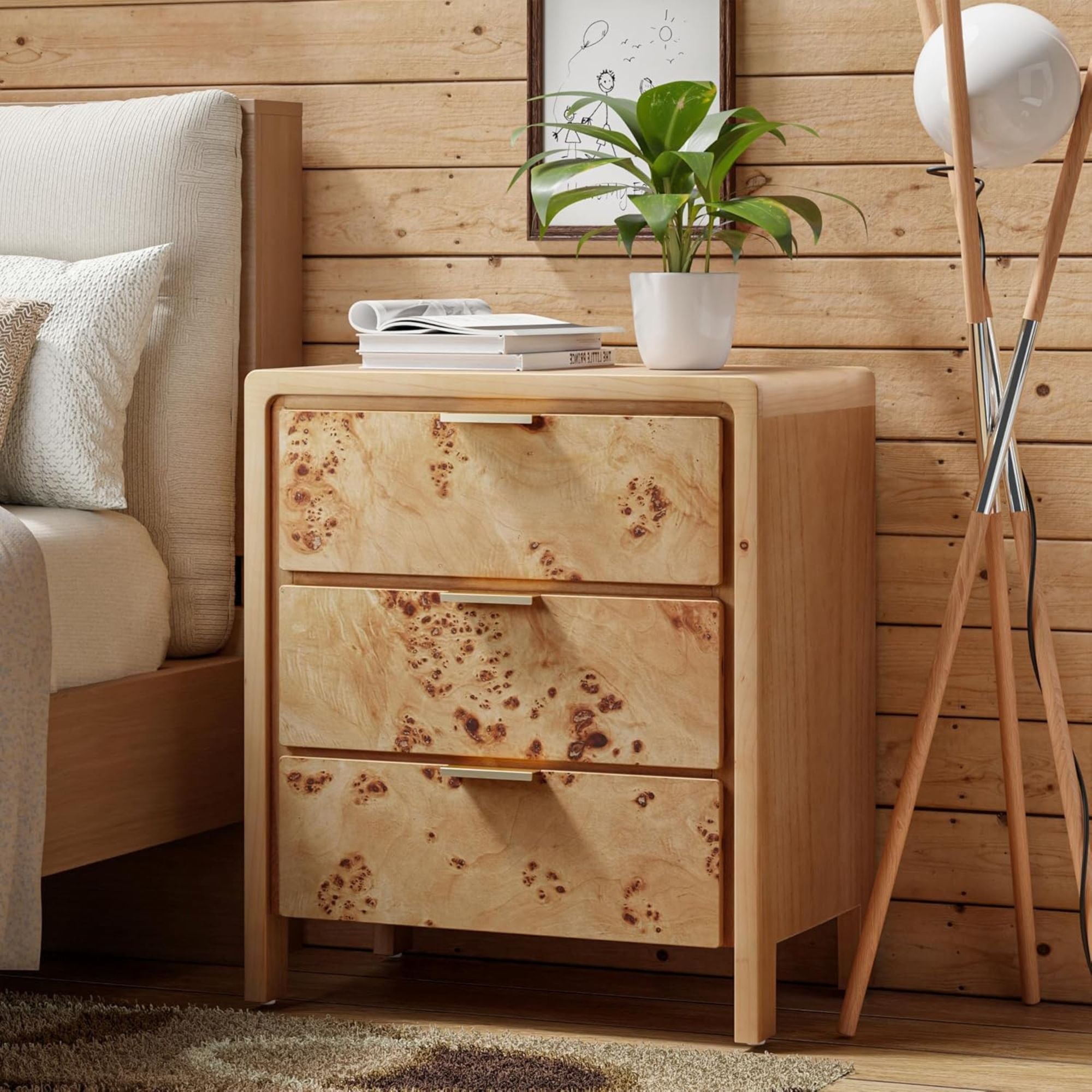 COZAYH Farmhouse 3 Drawer Home Bedroom Nightstand w/ Burl Wood Finish, Set of 2