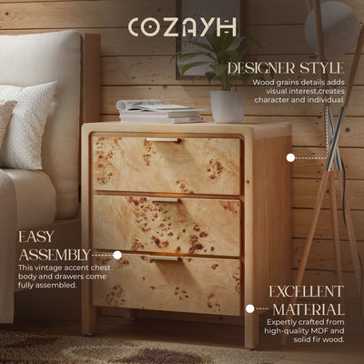 COZAYH Farmhouse 3 Drawer Home Bedroom Nightstand w/ Burl Wood Finish, Set of 2