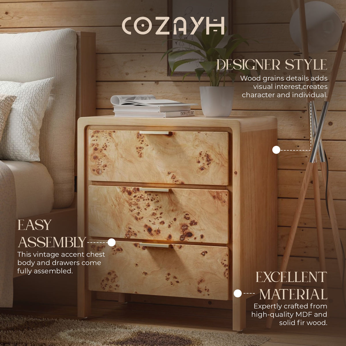 COZAYH Farmhouse 3 Drawer Home Bedroom Nightstand w/ Burl Wood Finish, Set of 2