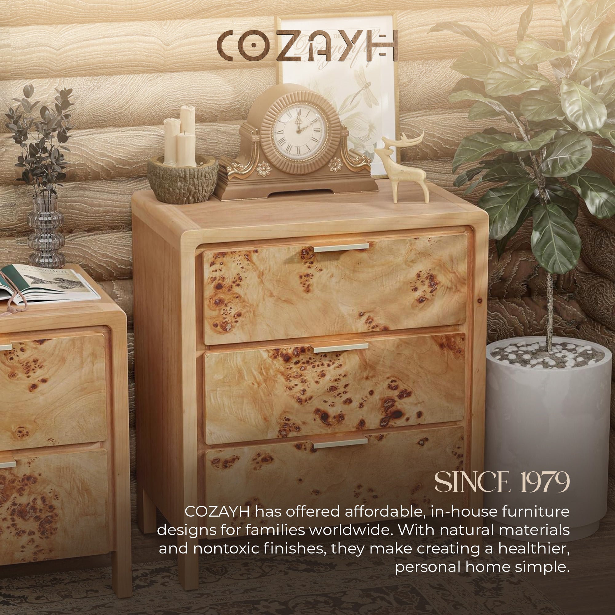 COZAYH Farmhouse 3 Drawer Home Bedroom Nightstand w/ Burl Wood Finish, Set of 2