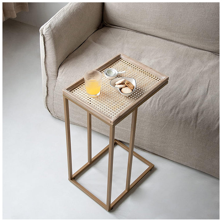 COZAYH Farmhouse C Table Couch Metal End Table with Woven Pattern Tray Top, Gold