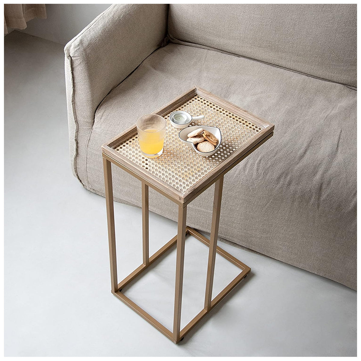 COZAYH Farmhouse C Table Couch Metal End Table with Woven Pattern Tray Top, Gold