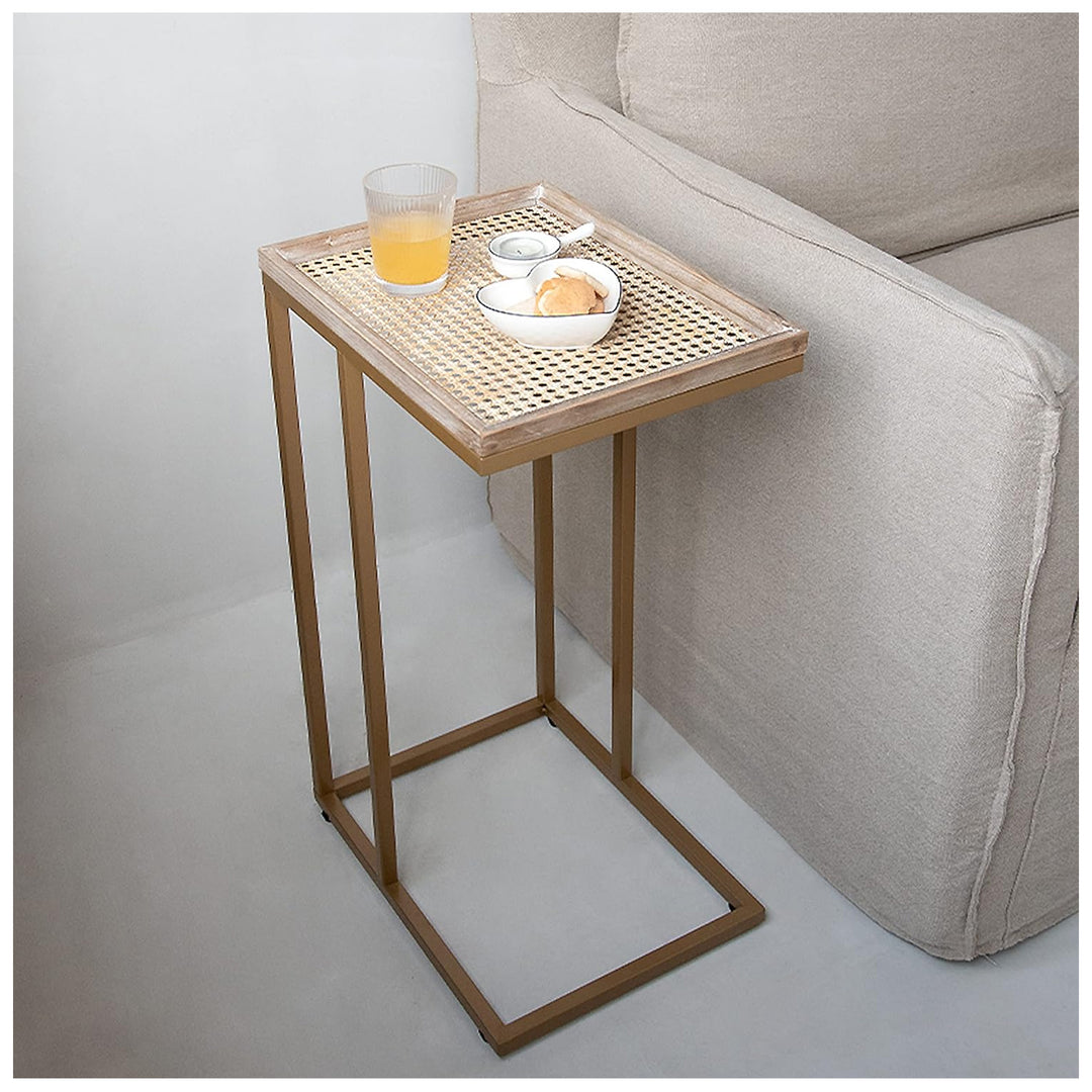 COZAYH Farmhouse C Table Couch Metal End Table with Woven Pattern Tray Top, Gold