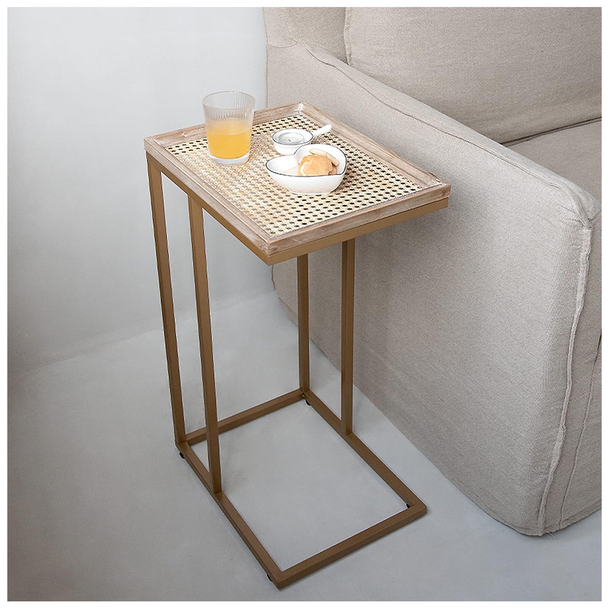 COZAYH C Table Couch Metal End Table w/Woven Pattern Tray Top, Gold (Open Box)