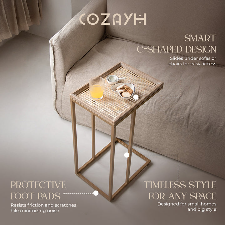 COZAYH Farmhouse C Table Couch Metal End Table with Woven Pattern Tray Top, Gold