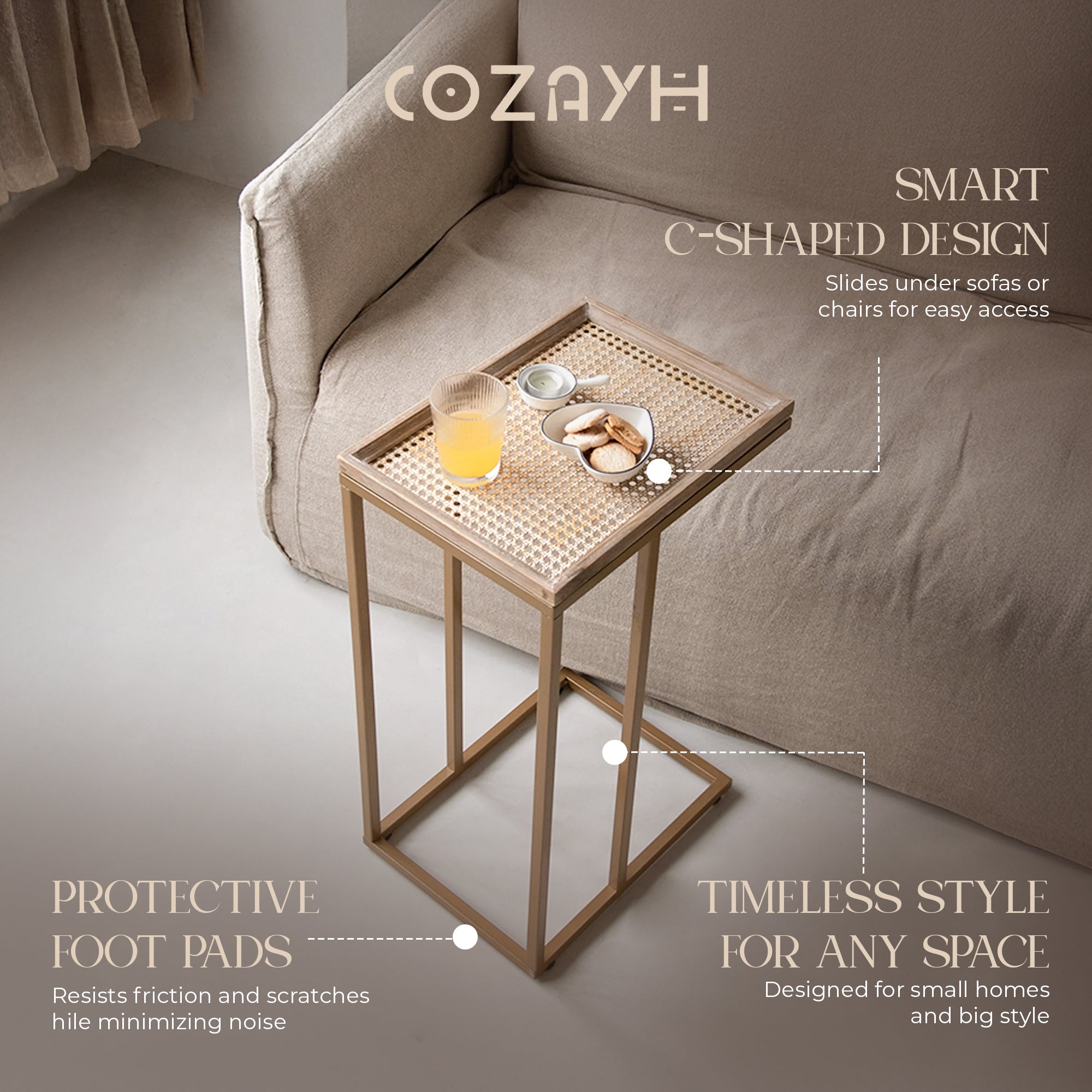 COZAYH C Table Couch Metal End Table w/Woven Pattern Tray Top, Gold (Open Box)