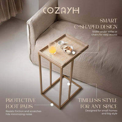 COZAYH Farmhouse C Table Couch Metal End Table with Woven Pattern Tray Top, Gold