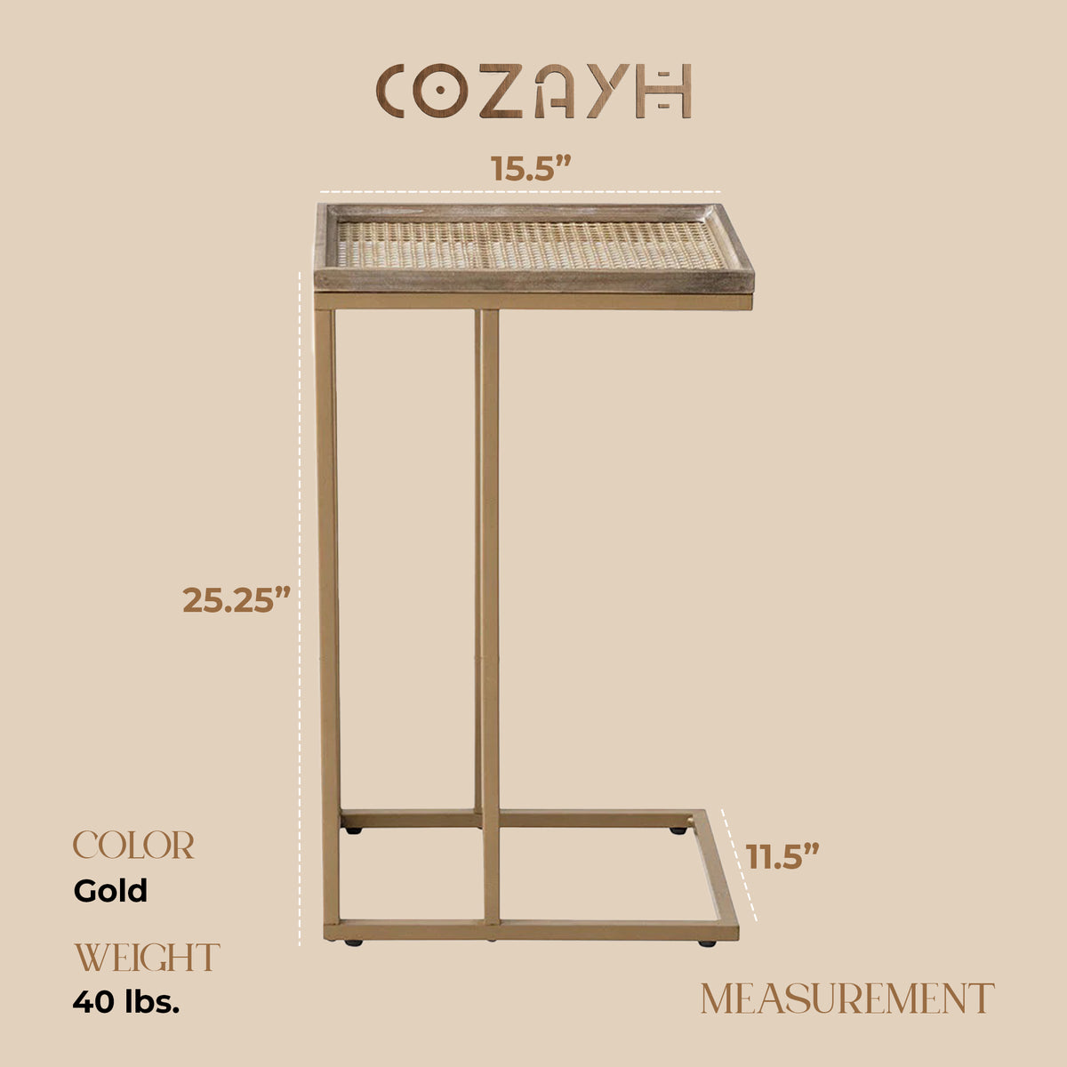 COZAYH Farmhouse C Table Couch Metal End Table with Woven Pattern Tray Top, Gold