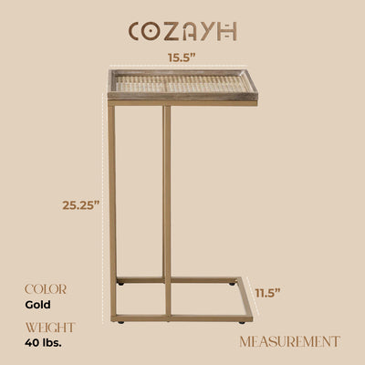 COZAYH Farmhouse C Table Couch Metal End Table with Woven Pattern Tray Top, Gold