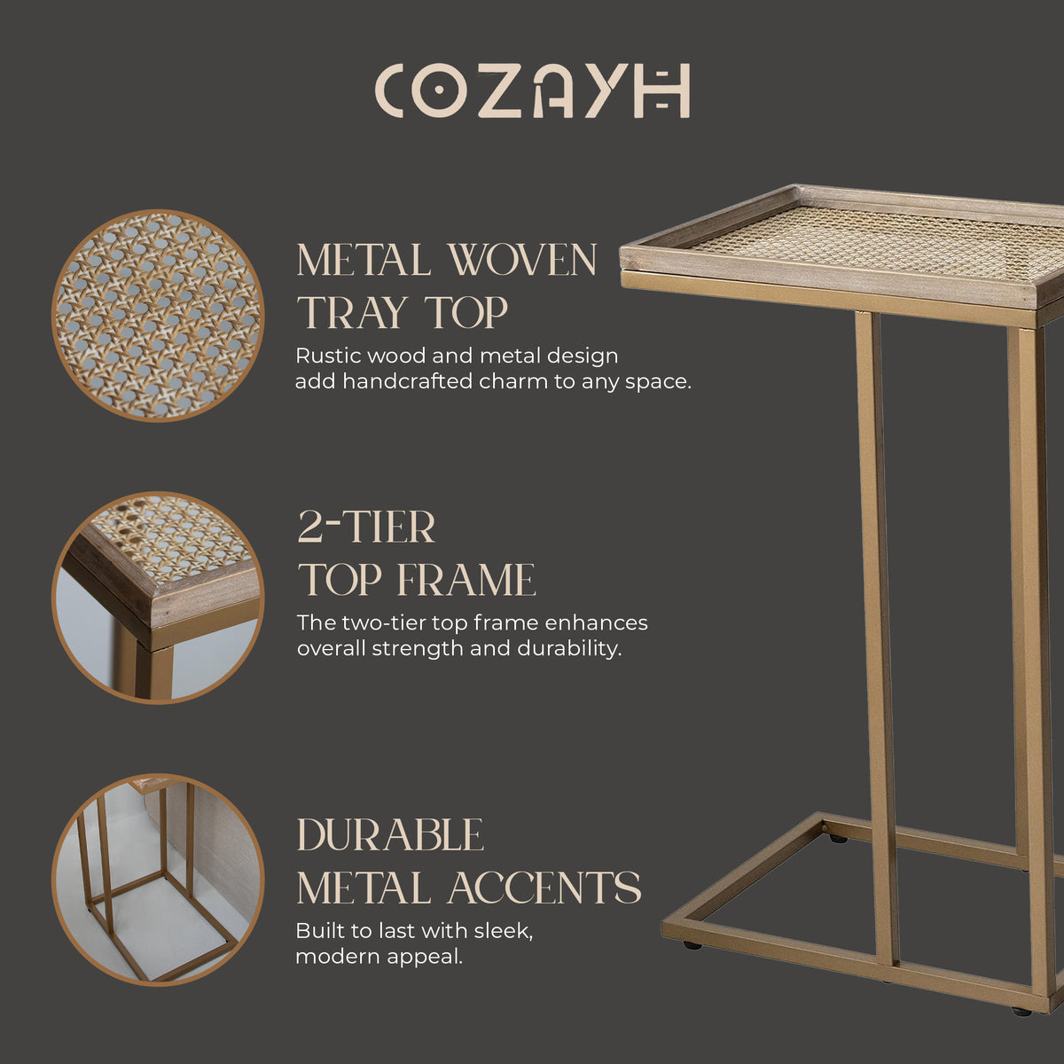 COZAYH Farmhouse C Table Couch Metal End Table with Woven Pattern Tray Top, Gold