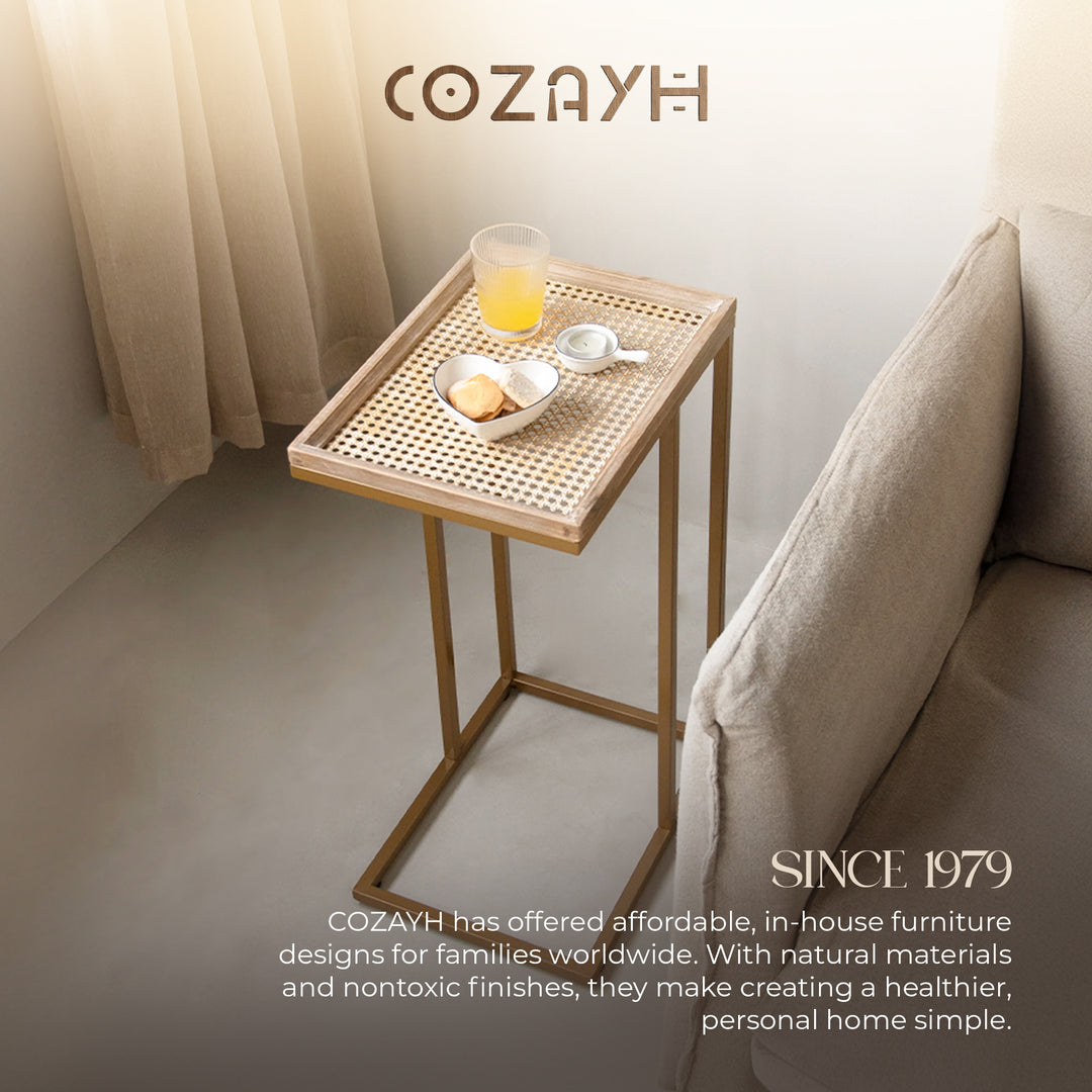 COZAYH Farmhouse C Table Couch Metal End Table with Woven Pattern Tray Top, Gold
