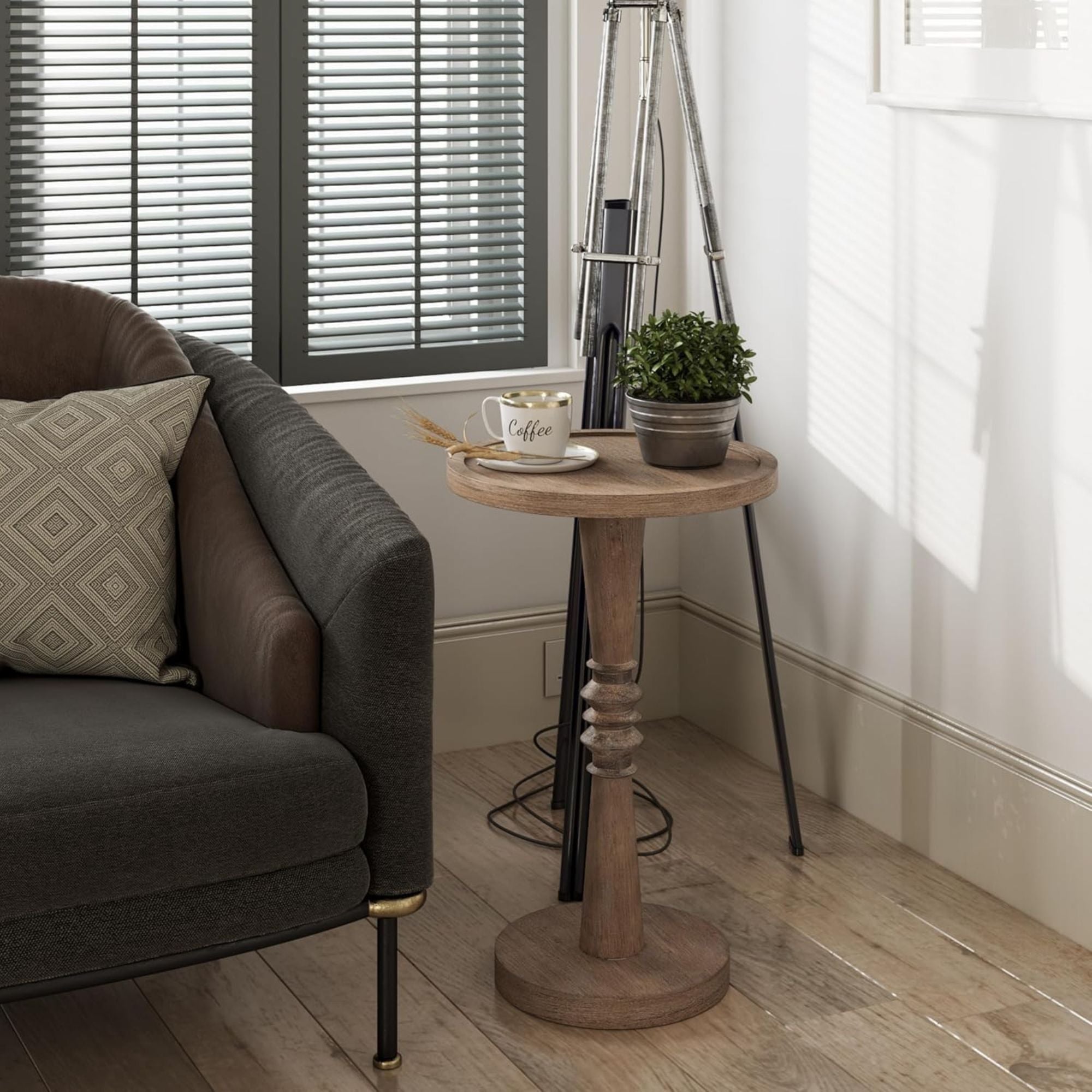COZAYH Pedestal Tray Top End Table for Drinks, Lamps or Plants, Brown, Set of 2