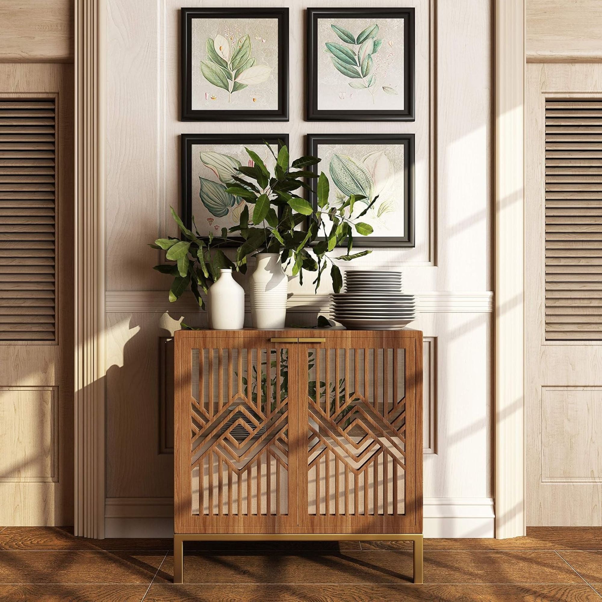COZAYH 2 Door Modern Accent Cabinet Mirror Front Storage Sideboard, (Open Box)