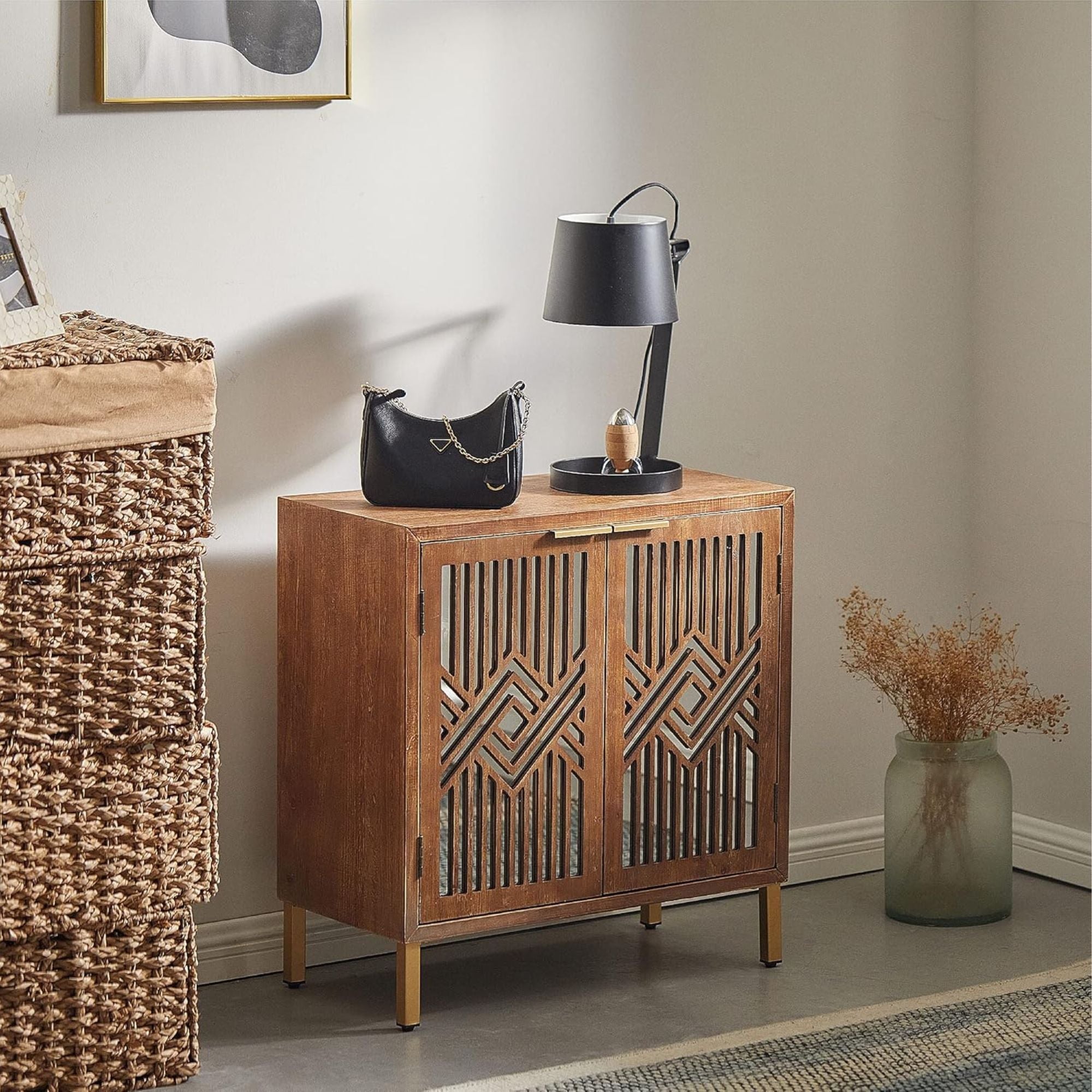 COZAYH 2 Door Modern Accent Cabinet Mirror Front Storage Sideboard, (Open Box)