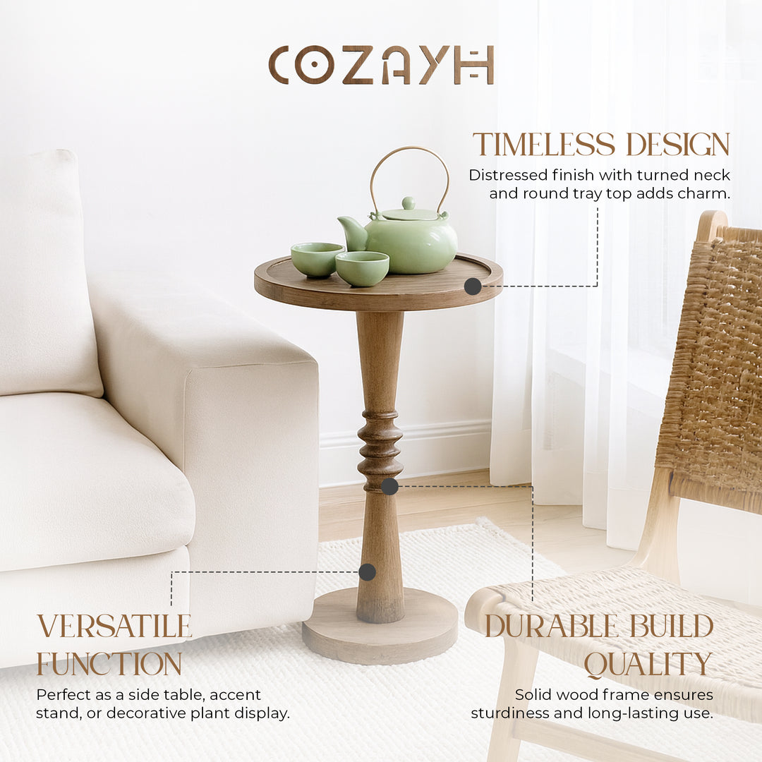 COZAYH Pedestal Tray Top End Table for Drinks, Lamps or Plants, Brown, Set of 2