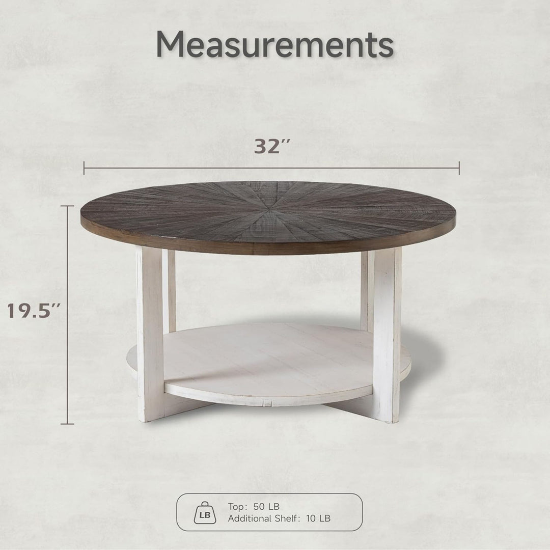 COZAYH Rustic Farmhouse Large Round Wood Coffee Table with Storage Shelf, Brown