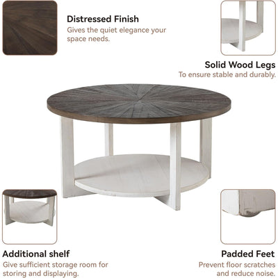 COZAYH Rustic Farmhouse Large Round Wood Coffee Table with Storage Shelf, Brown (For Parts)