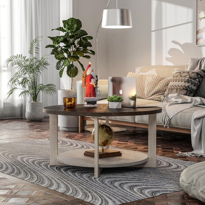 COZAYH Rustic Farmhouse LG Wood Coffee Table with Storage Shelf, Brown(Open Box)