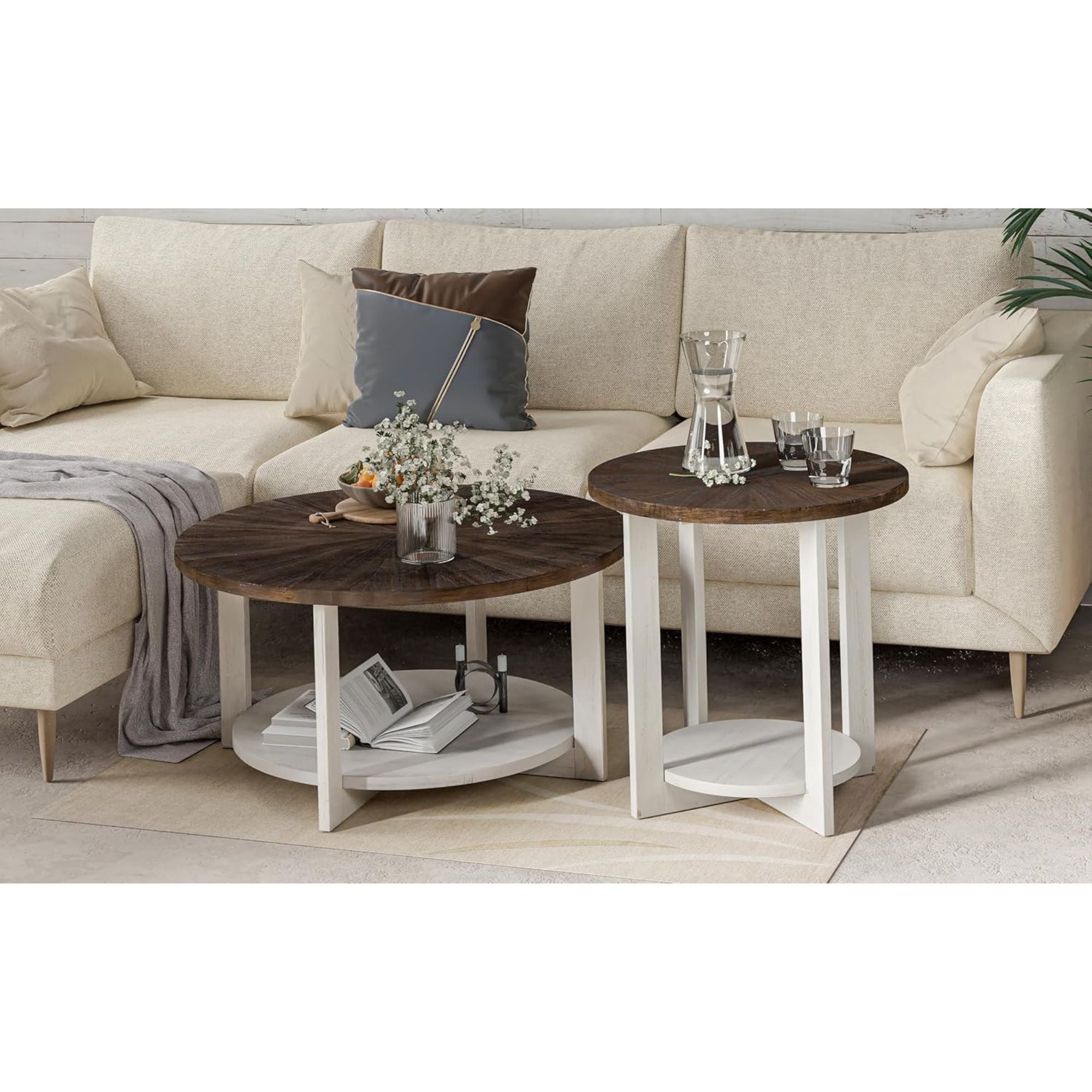 COZAYH Rustic Farmhouse Large Round Wood Coffee Table with Storage Shelf (Used)