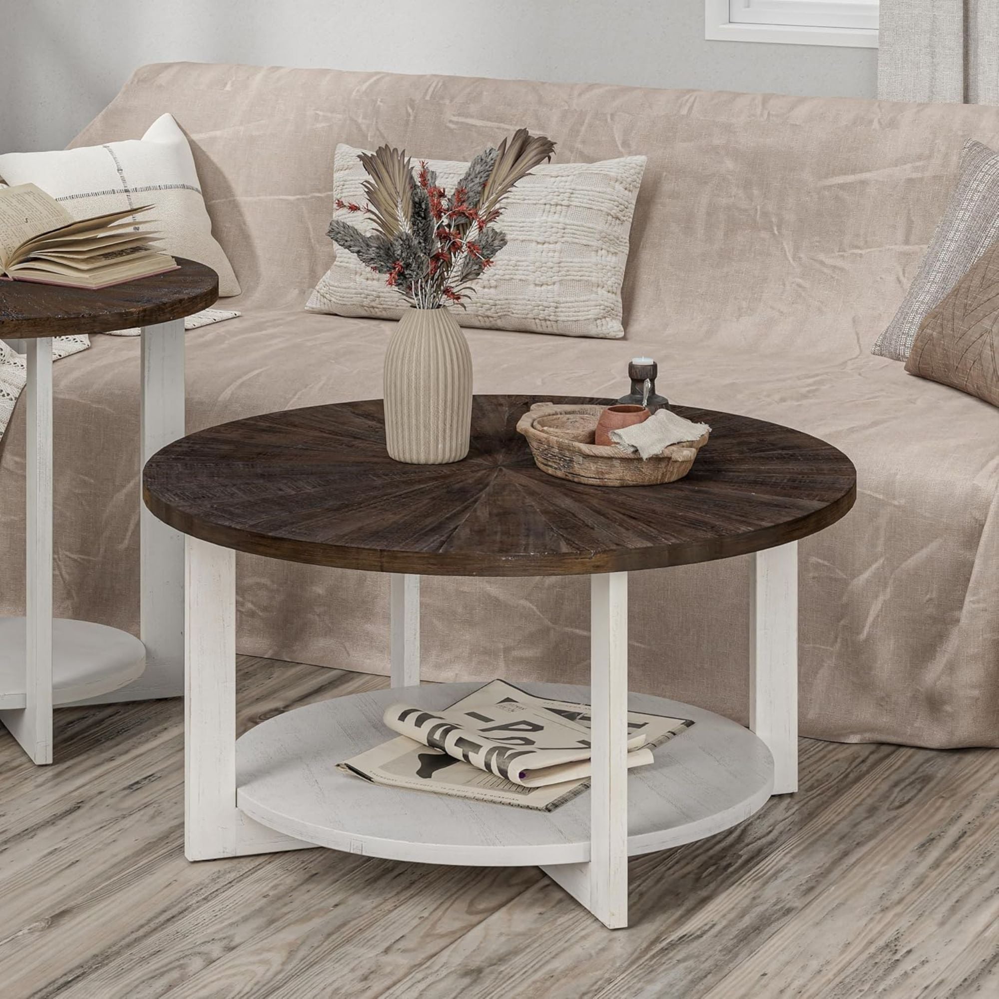 COZAYH Rustic Farmhouse Large Round Wood Coffee Table with Storage Shelf (Used)