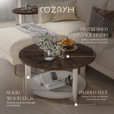 COZAYH Rustic Farmhouse Large Round Wood Coffee Table with Storage Shelf (Used)
