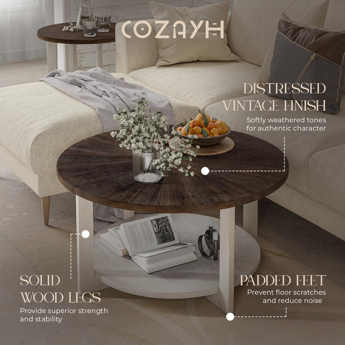 COZAYH Rustic Farmhouse Large Round Wood Coffee Table with Storage Shelf (Used)