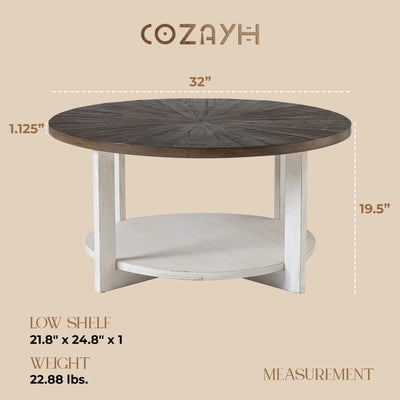 COZAYH Rustic Farmhouse Large Round Wood Coffee Table with Storage Shelf (Used)
